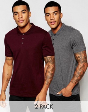 ASOS Jersey Polo 2 Pack Grey/Burgundy SAVE 15%