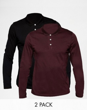 ASOS Long Sleeve Jersey Polo 2 Pack Black/Burgundy SAVE 18%