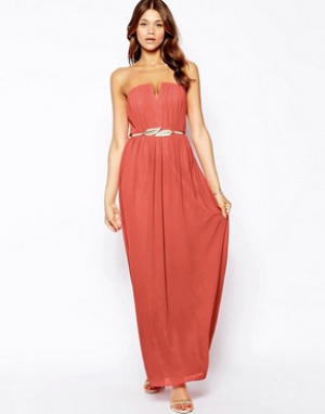 Little Mistress Bandeau Pleated Maxi Dress with Gold Belt