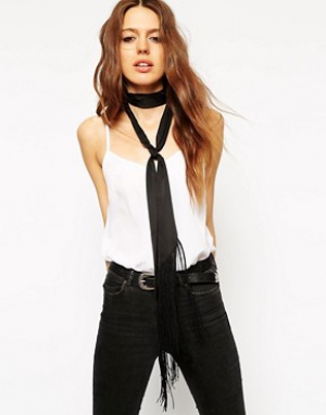 ASOS Long Skinny Scarf In Black With Fringing