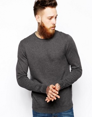 ASOS Crew Neck Jumper In Charcoal Cotton