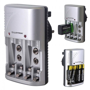 Lloytron Plug in 3 Way Battery Charger for AA, AAA and 9V Rechargeable Batteries
