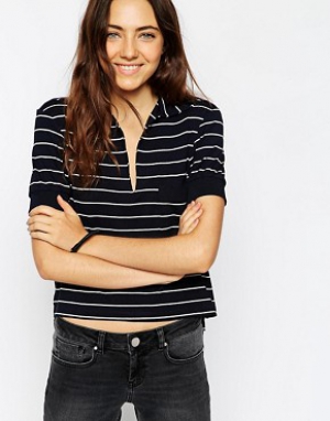 ASOS Polo Top With V Neck In Soft Stripe